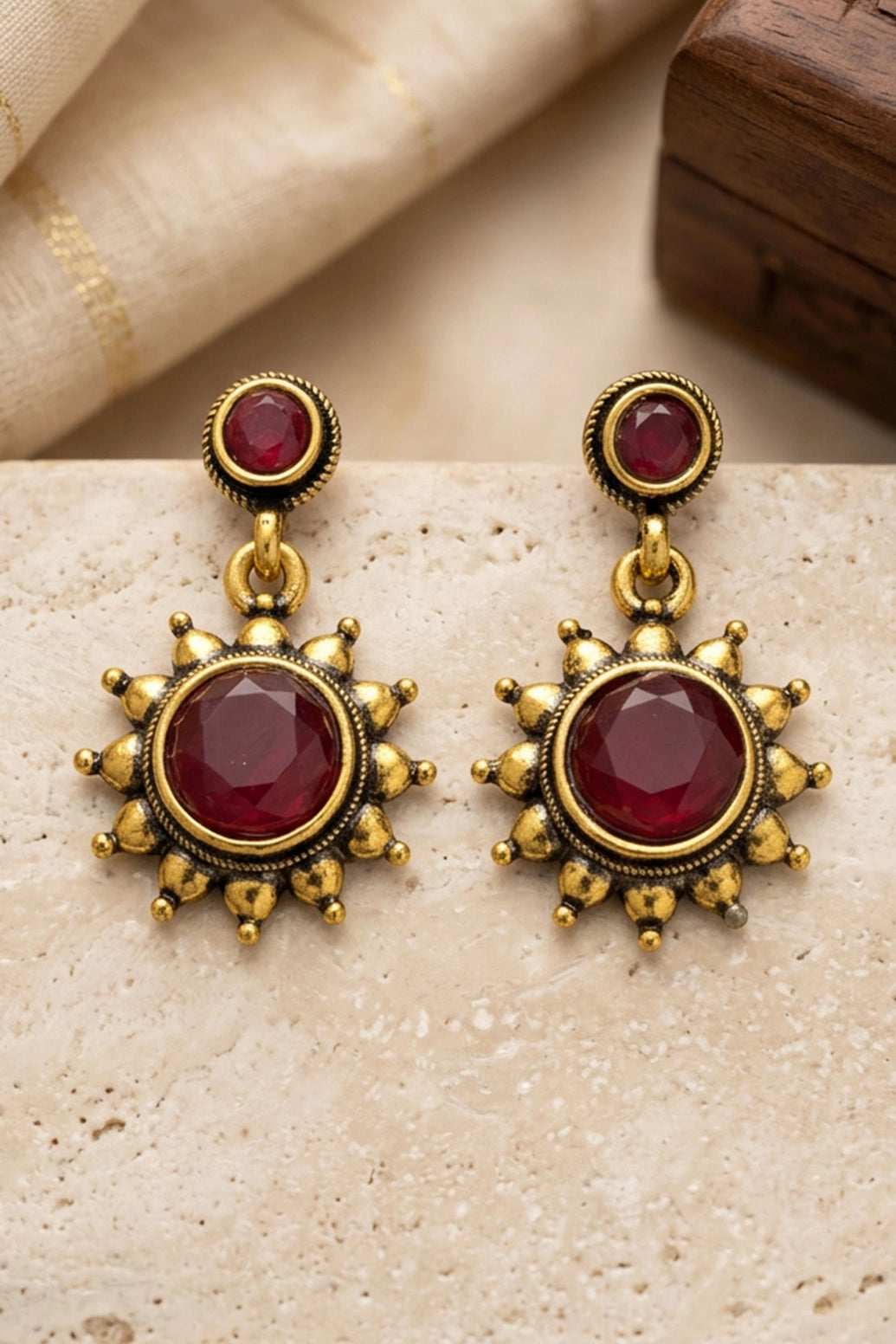 Maroon Stone Gold-Tone Drop Earrings with Sunflower Antique Finish for Traditional Ethnic Wear