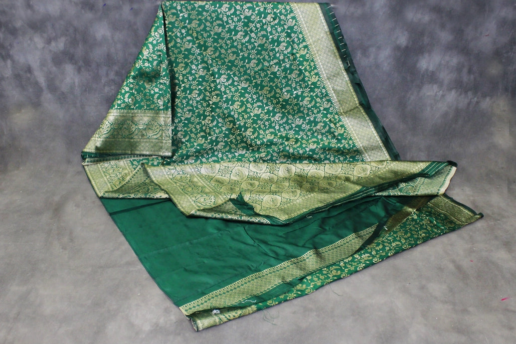 Green Banarasi Handloom Satin Saree with Floral Woven Embroidery Print, Includes Blouse