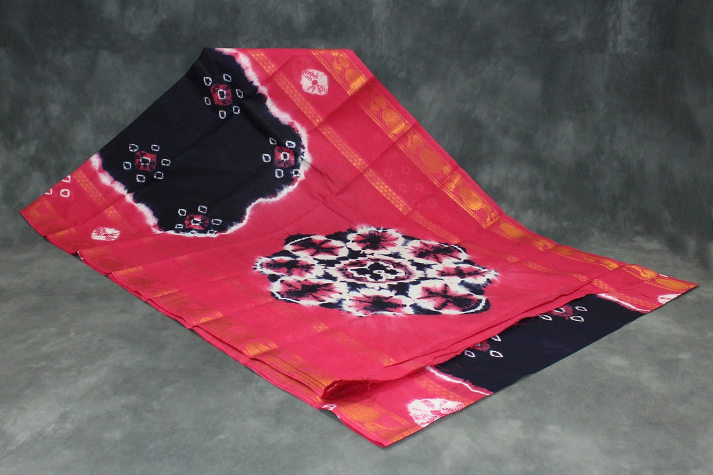 Navy Blue & Pink Sungudi Cotton Bandhani Saree with Golden Zari Border and Instrument Motifs Saree JCS Fashions