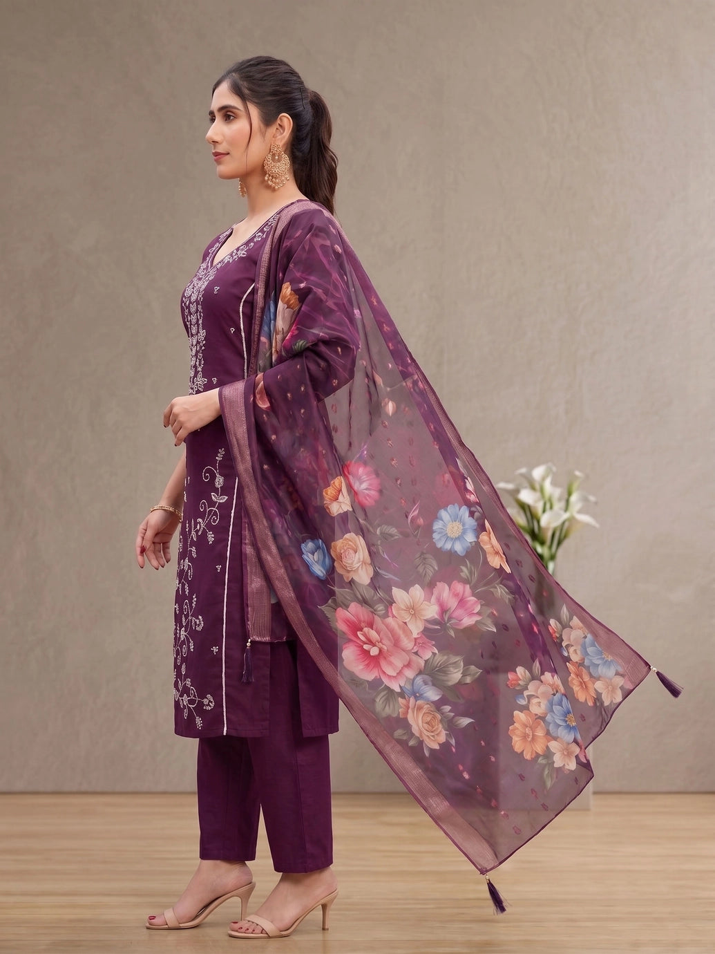 Wine Roman Silk 3-Piece Kurti Set with Embroidery Beads, Elastic Palazzo & Banarasi Dupatta
