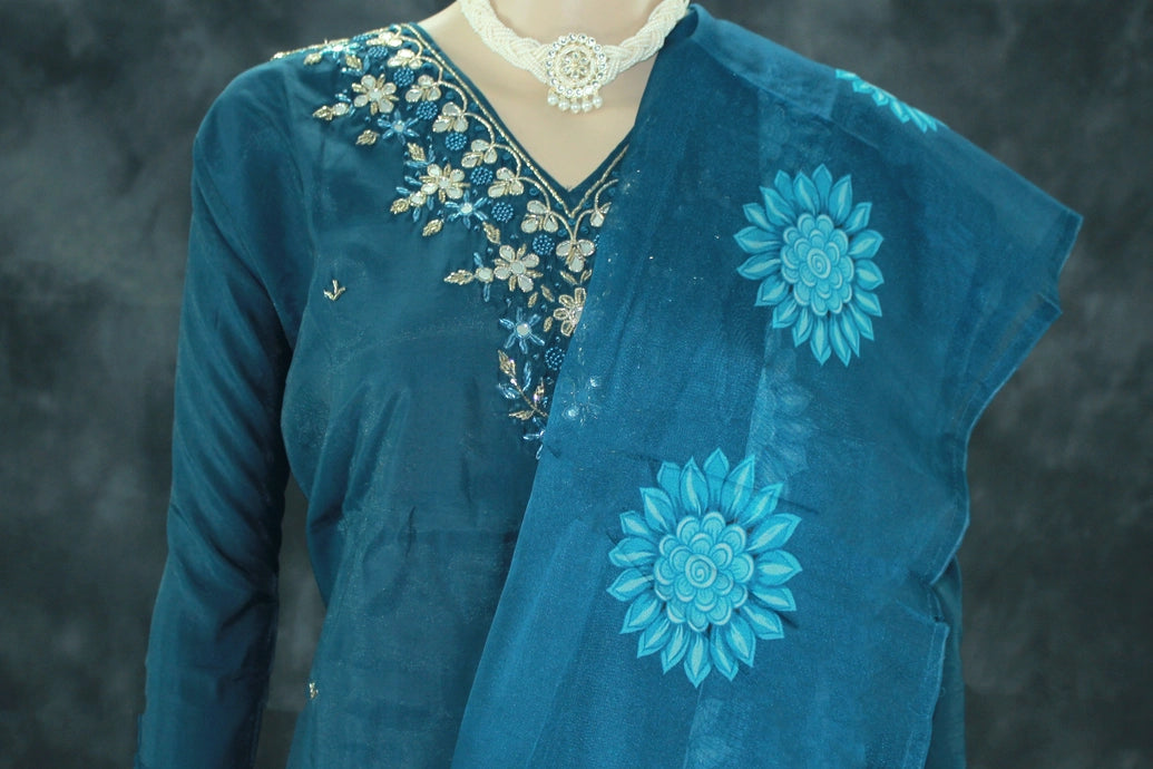 Navy Blue Silk 3-Piece Pakistani Salwar Set with Embroidered V-Neck Kurti, Elastic Pants & Organza Dupatta