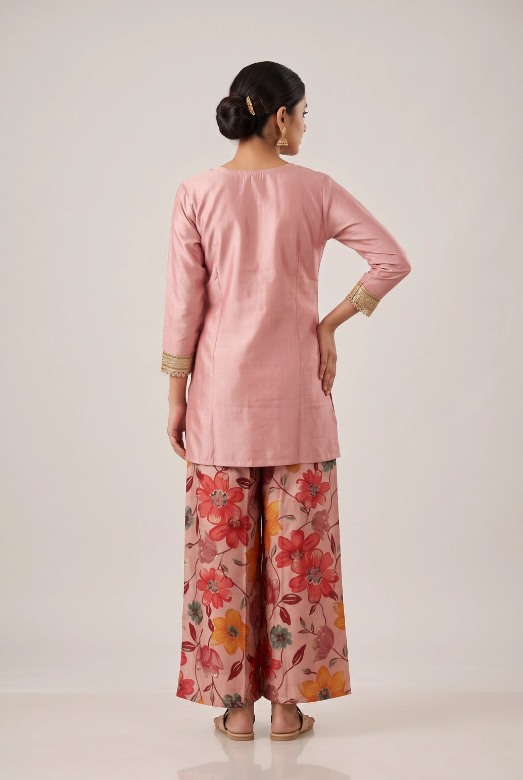 Pastel Pink Cotton 3-Piece Kurti Set with V-Neck Golden Embroidery, Sequins & Mirror Work, Pant & Dupatta