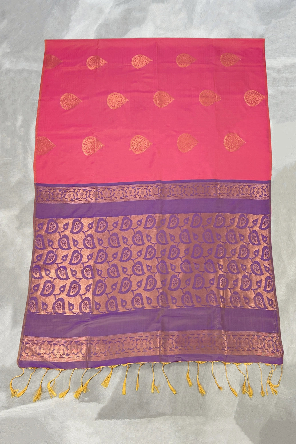 Rani Pink Soft Silk Saree with Contrast Border and Gold Zari Buttas, Traditional Floral Zari Border