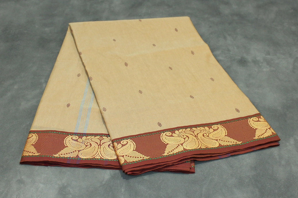 Poly Cotton Sandal Butta Saree with Maroon Thread & Gold-Coloured Woven Border Saree JCS Fashions