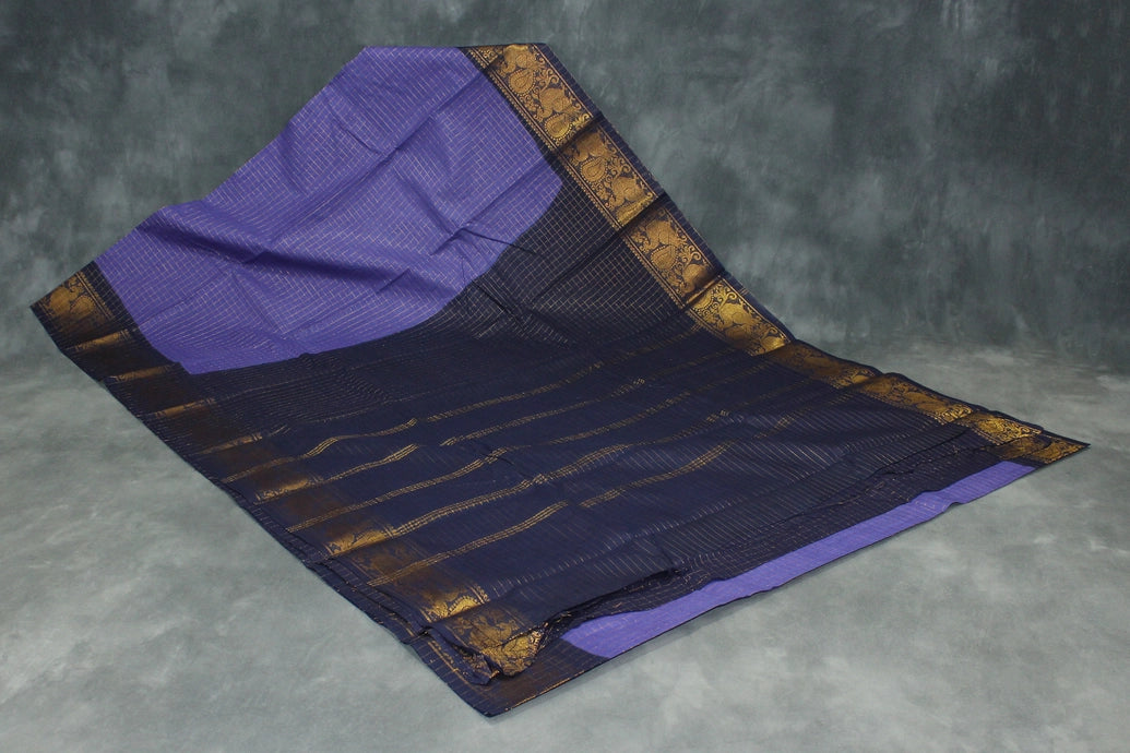 Lavender Sungudi Cotton Saree with Checked Zari Body, Rich Peacock Gold Zari Double Border and Unstitched Blouse Saree JCS Fashions