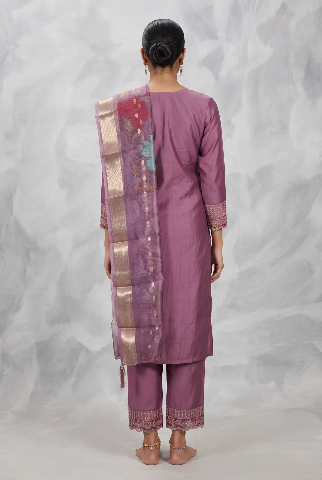 Mauve Pink Roman Silk 3-Piece Kurta Set with Embroidered Neckline, Elastic Pant & Printed Organza Dupatta
