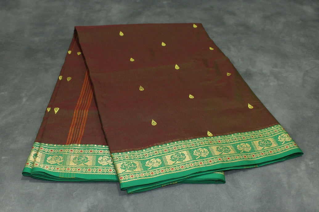 Brown & Green Printed Poly Cotton Butta Saree with Green Thread Border, Traditional Small Butta Motifs Saree JCS Fashions