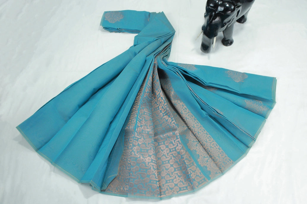 Blue Silk Cotton Saree with Zari Border and All-Over Design, Includes Blouse Piece