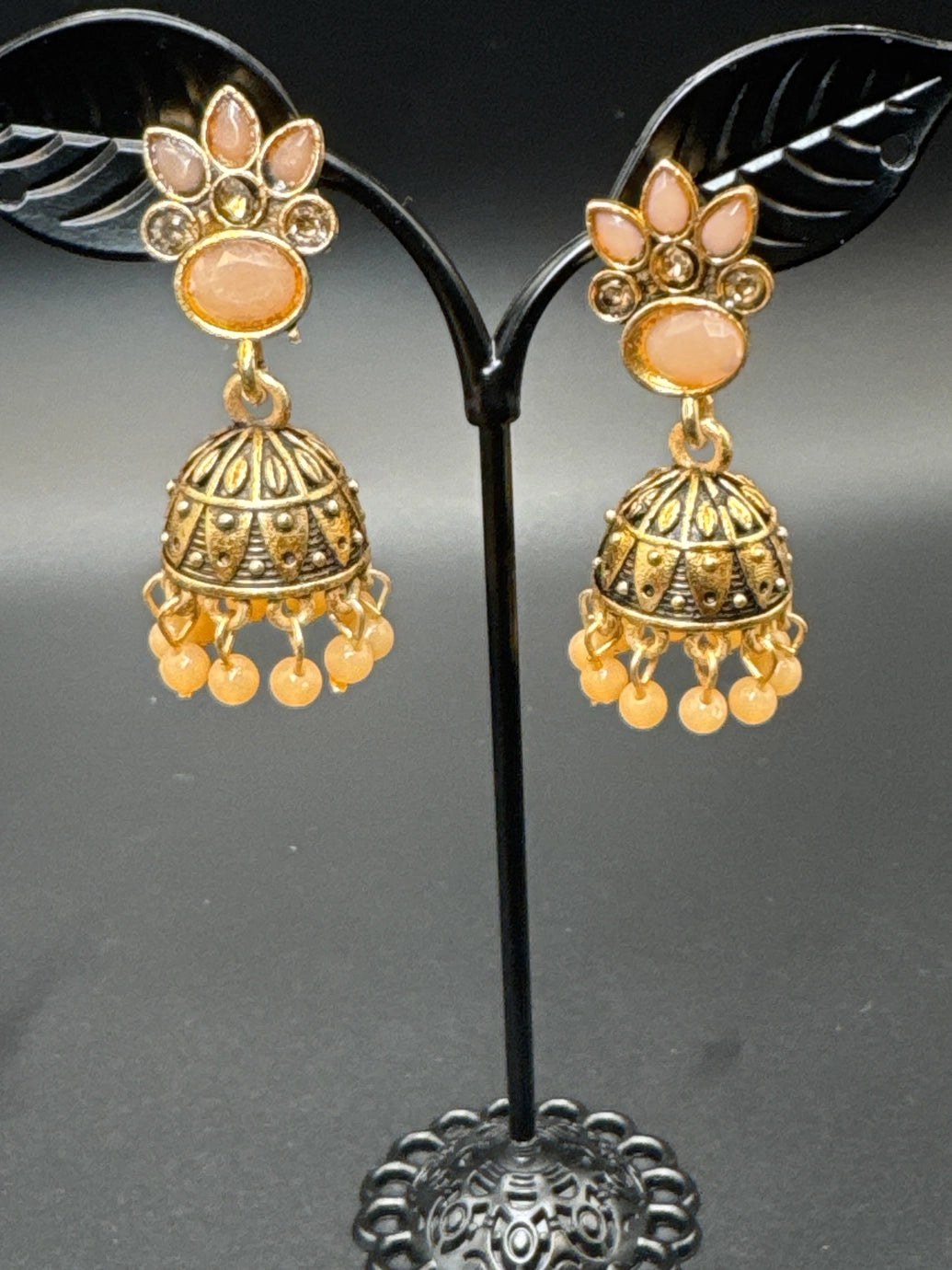 Antique Gold Peach Stone Jhumka Earrings with Beaded Drops
