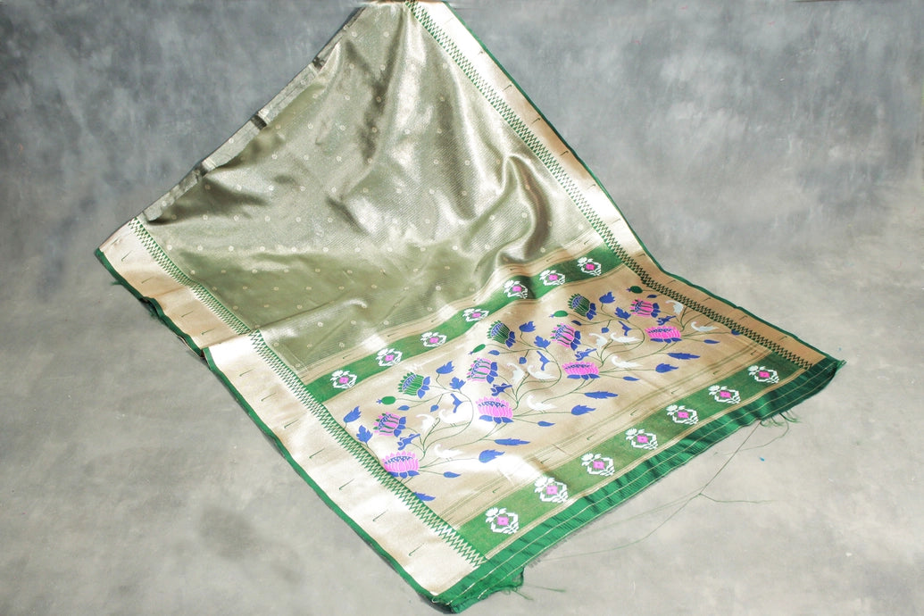 Bottle Green Paithani Tissue Saree with Zari Work and Blouse, Full Body Weaving