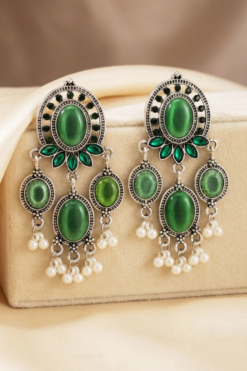 Green Oval Oxidized Silver-Tone Dangle Earrings with Pearl Drops for Traditional Festive Wear