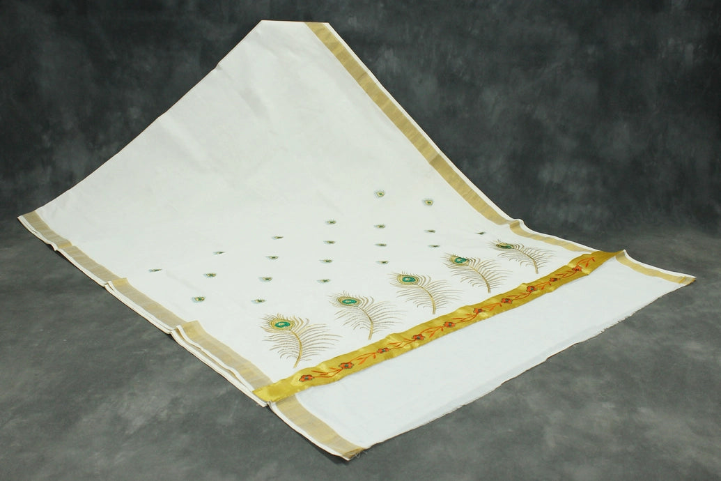 Pure Kerala Cotton White Saree with Gold-Tone Peacock Zari Embroidery and Blouse Piece