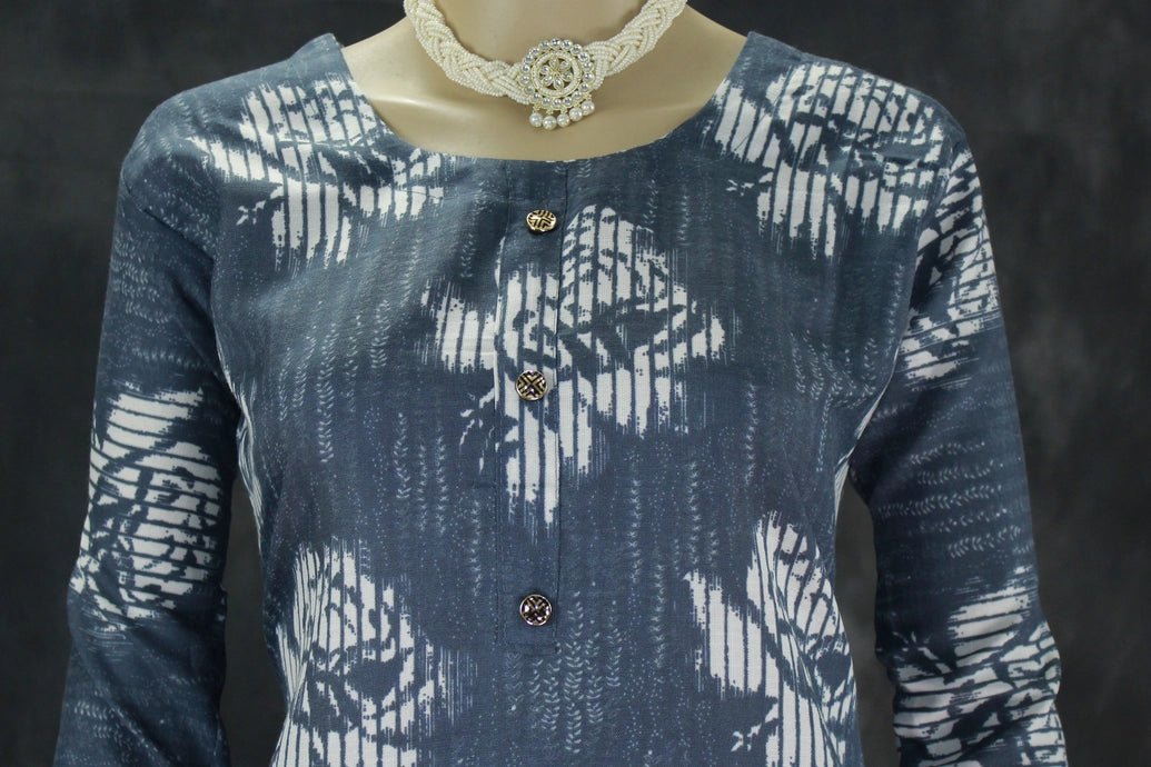 Navy Blue Cotton 2-Piece Kurta Set with Printed Floral Design