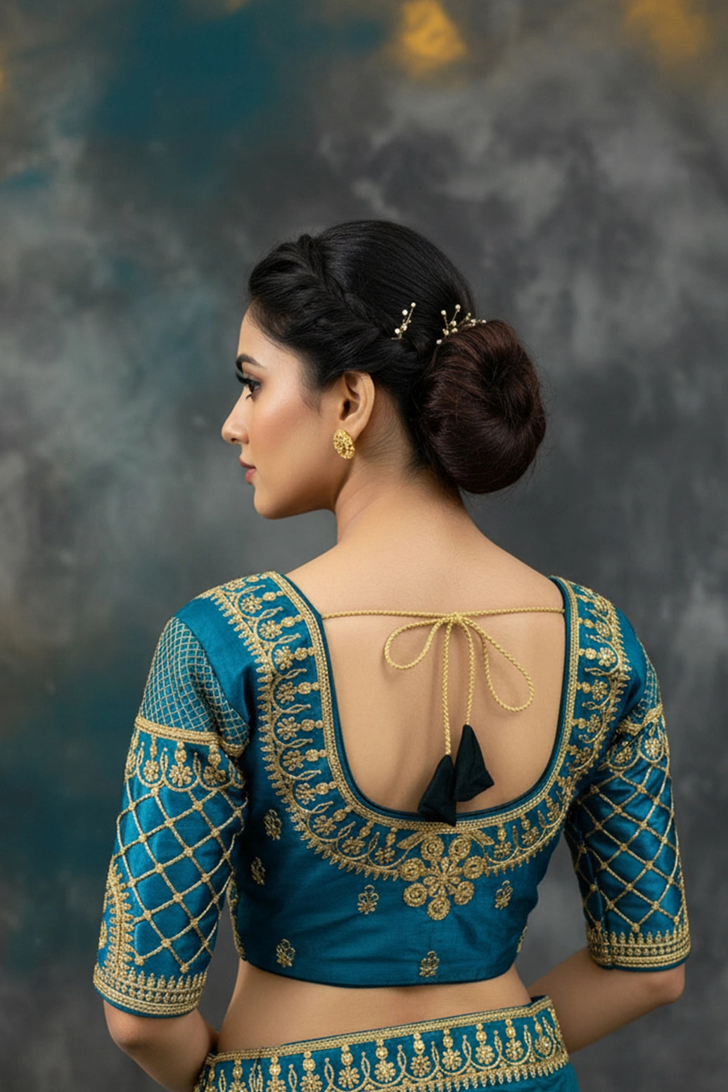 Teal Blue Designer Padded Blouse with Golden Zari Embroidery, Elbow Sleeves & Back Knot for Women