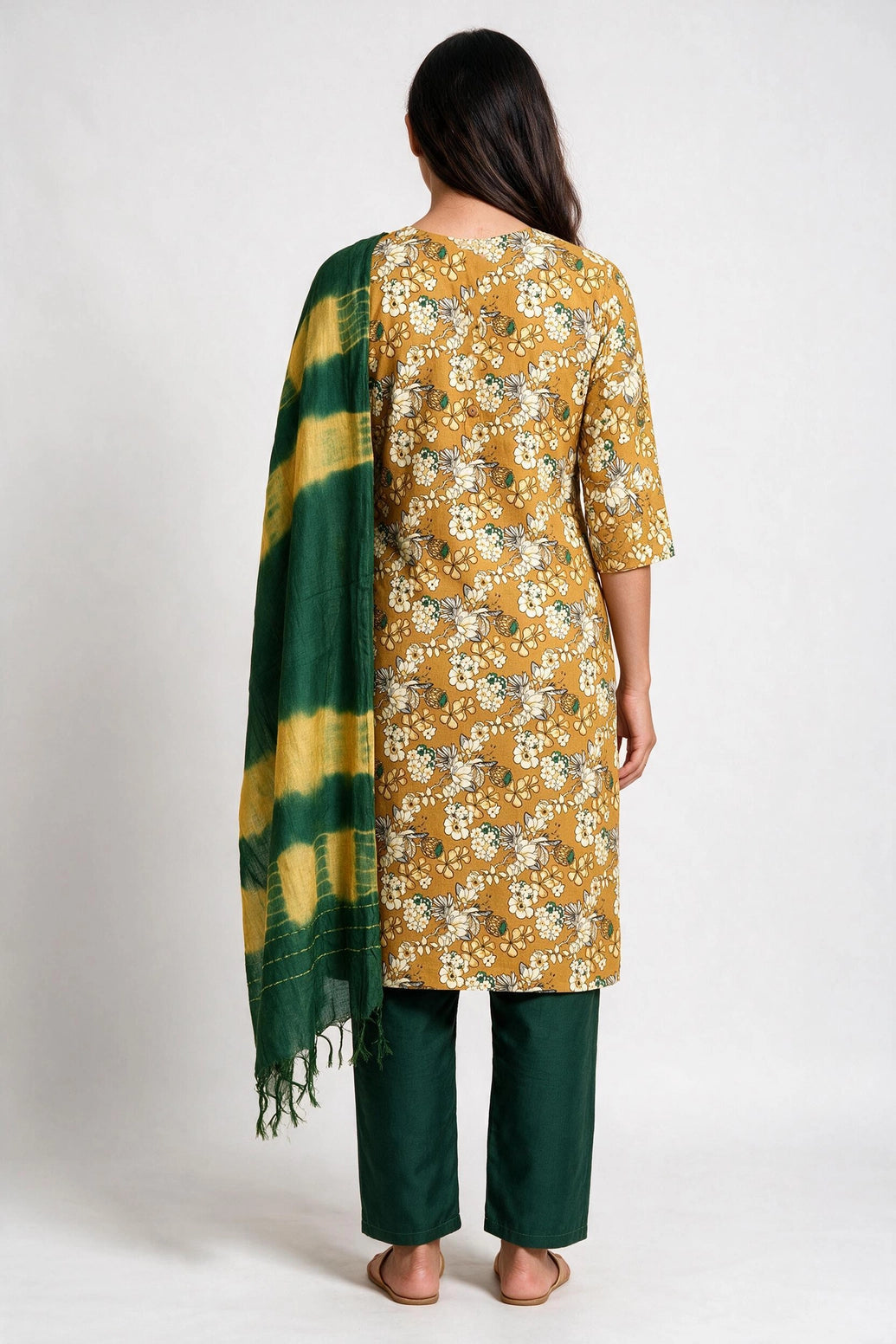 Brown Floral Cotton 3-Piece Kurti Set with Elastic Pant and Matching Dupatta