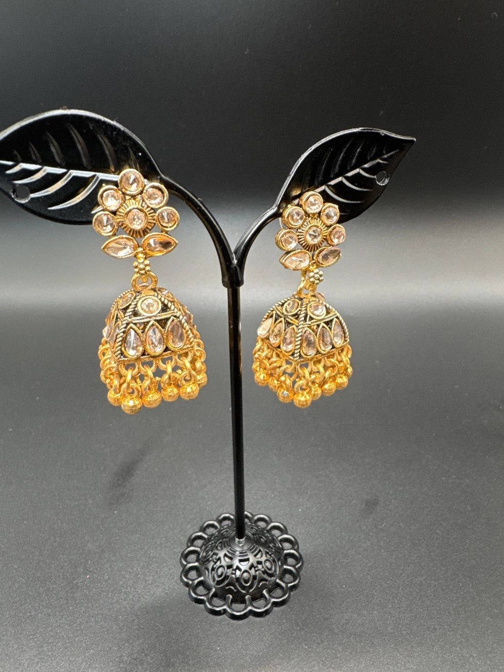 Antique Gold Kundan Style Jhumka Earrings with Crystal Drops