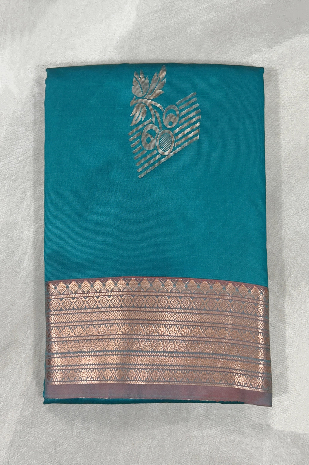 Teal Soft Silk Saree with Contrast Border and Gold Zari Buttas, Traditional Floral Border