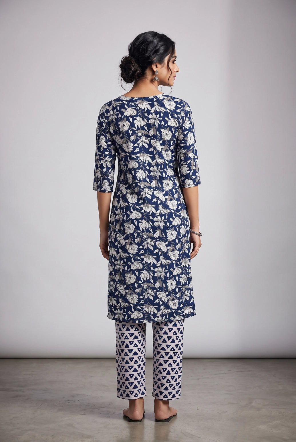 Navy Blue Floral Rayon Kurti Set with Gold Button Placket and Elastic Waist Pant