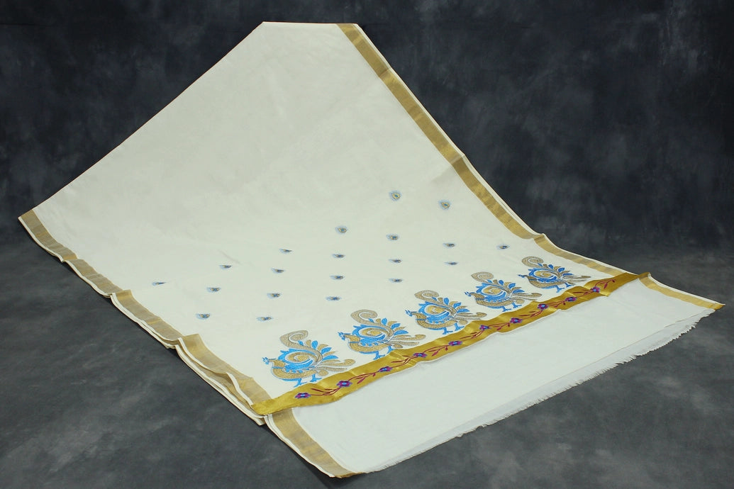 Pure Kerala Cotton White Saree with Gold Zari Border and Blue Peacock Embroidery - Blouse Included