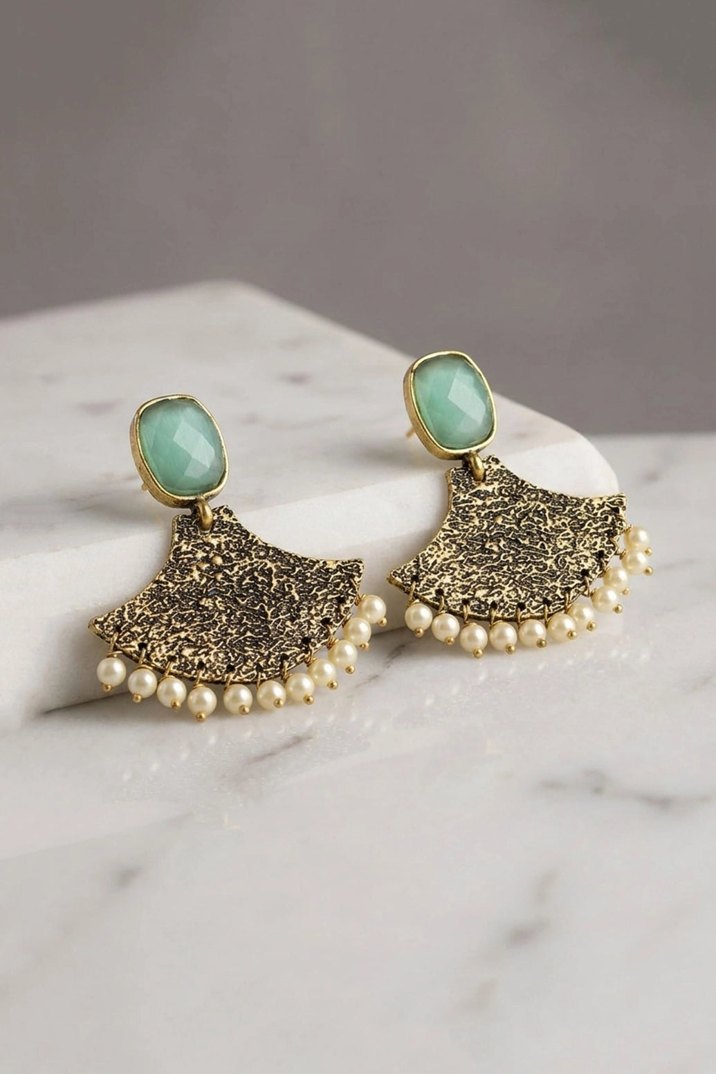 Mint Green Stone Gold-Tone Textured Dangler Earrings with Pearl Drops for Festive Party Wear
