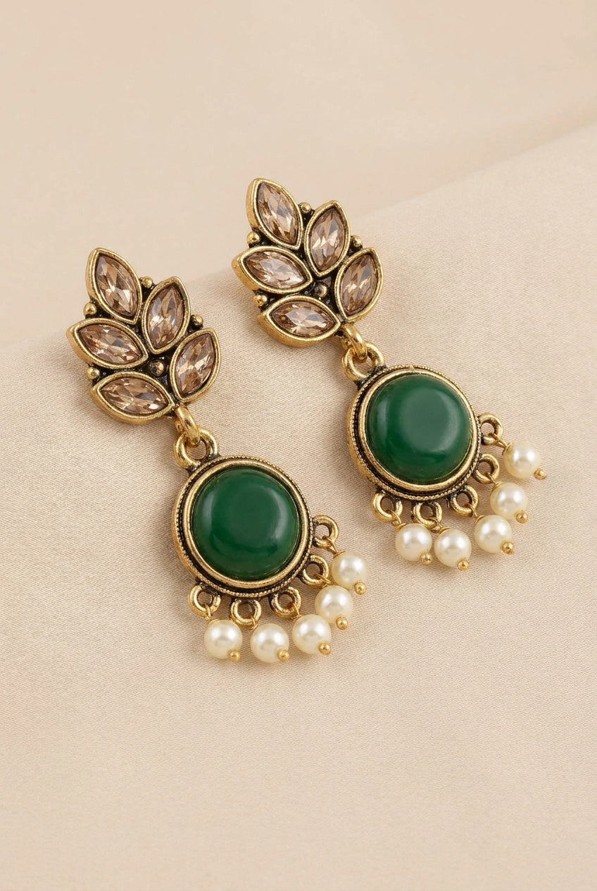 Green Leaf Drop Pearl Earrings, Gold-Tone Antique Finish Crystal Stones & Pearl Dangles, 2 inch