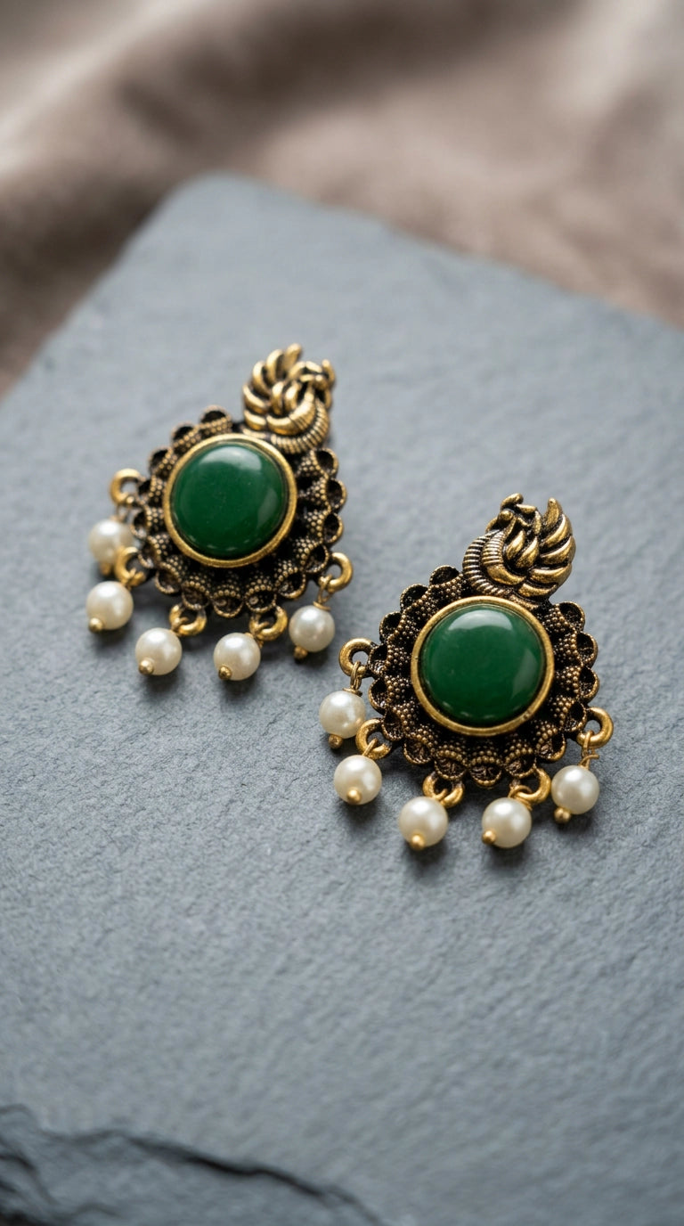 Green Antique Gold-Tone Statement Earrings with Round Stone & Pearl Drops for Traditional Wear