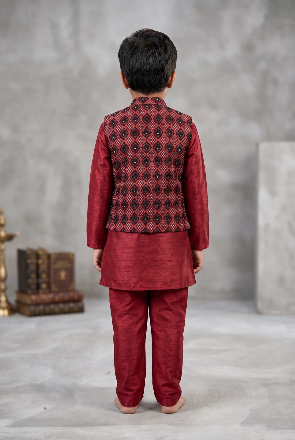 Boys Maroon Koti 3-Piece Kurta Set with Printed Nehru Jacket, Matching Pants & Brooch Detail