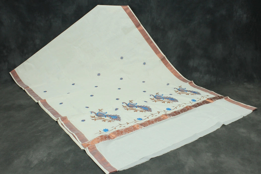 Pure Kerala Cotton White Saree with Copper Zari Peacock Embroidery