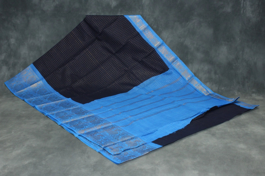 Pure Sungudi Cotton Navy Blue Checked Saree with Contrasting Blue Pallu & Peacock Gold Zari Double Border Saree JCS Fashions