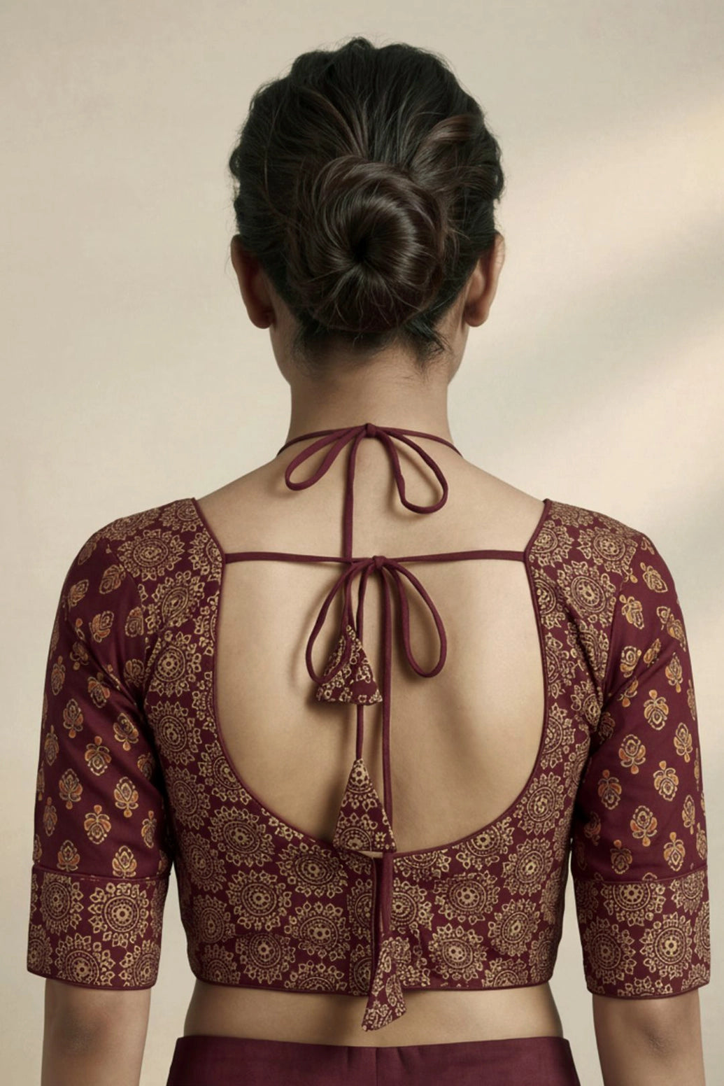 Maroon Floral Ajrakh-Inspired Padded Readymade Blouse with Elbow Sleeves and Back Tie, Fully Stitched Cotton