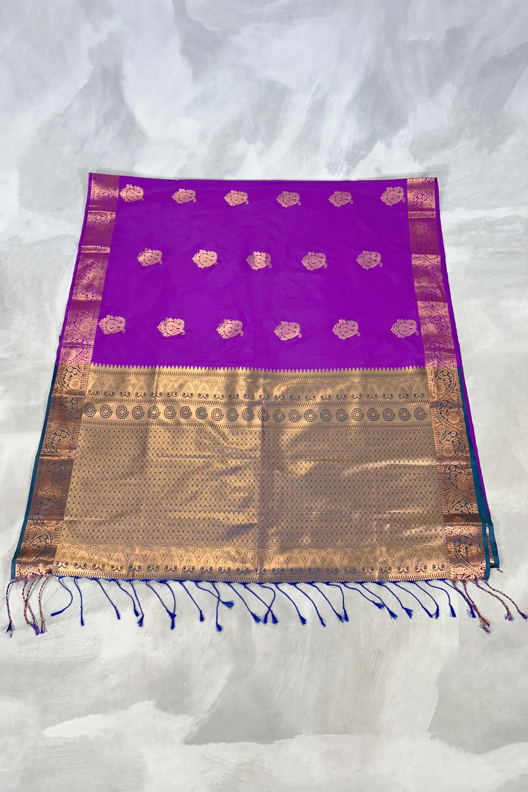 Purple Korvai Soft Silk Saree with Delicate Gold Zari Buttas and Floral Border Blouse
