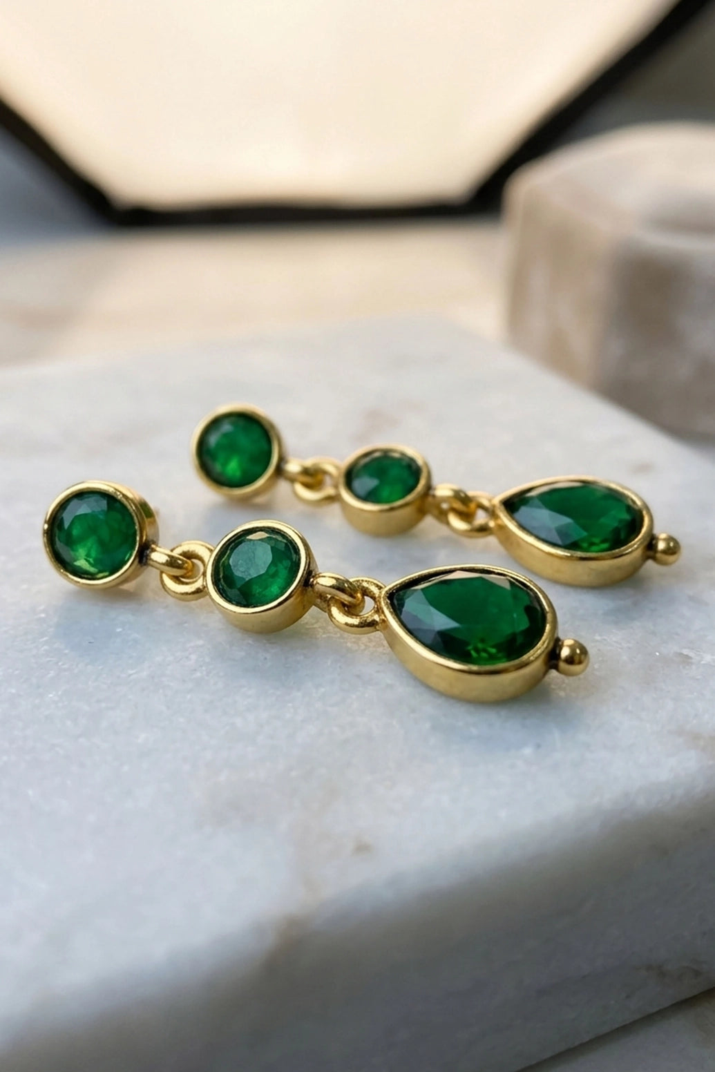 Green Oval Stone Gold-Tone Dangle Fashion Earrings for Women, 3-Layer Drop Design