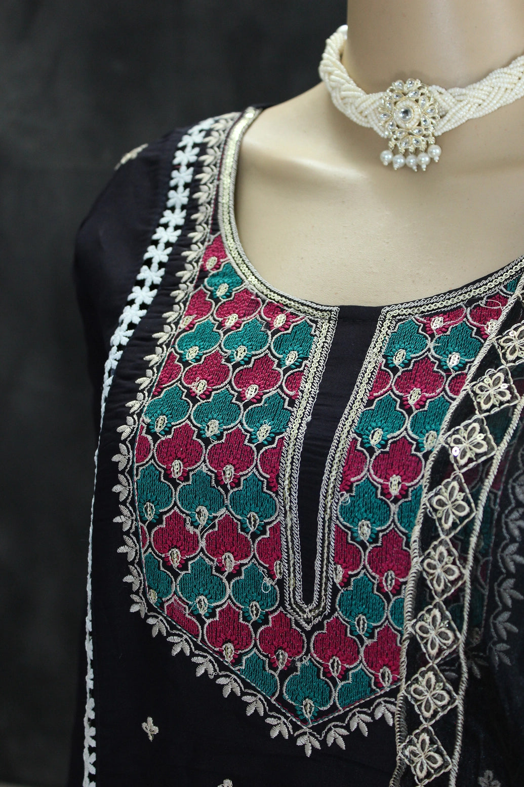 Black Embroidered Roman Silk 3-Piece Kurti Set with Organza Dupatta and Elasticated Pants Kurti JCS Fashions