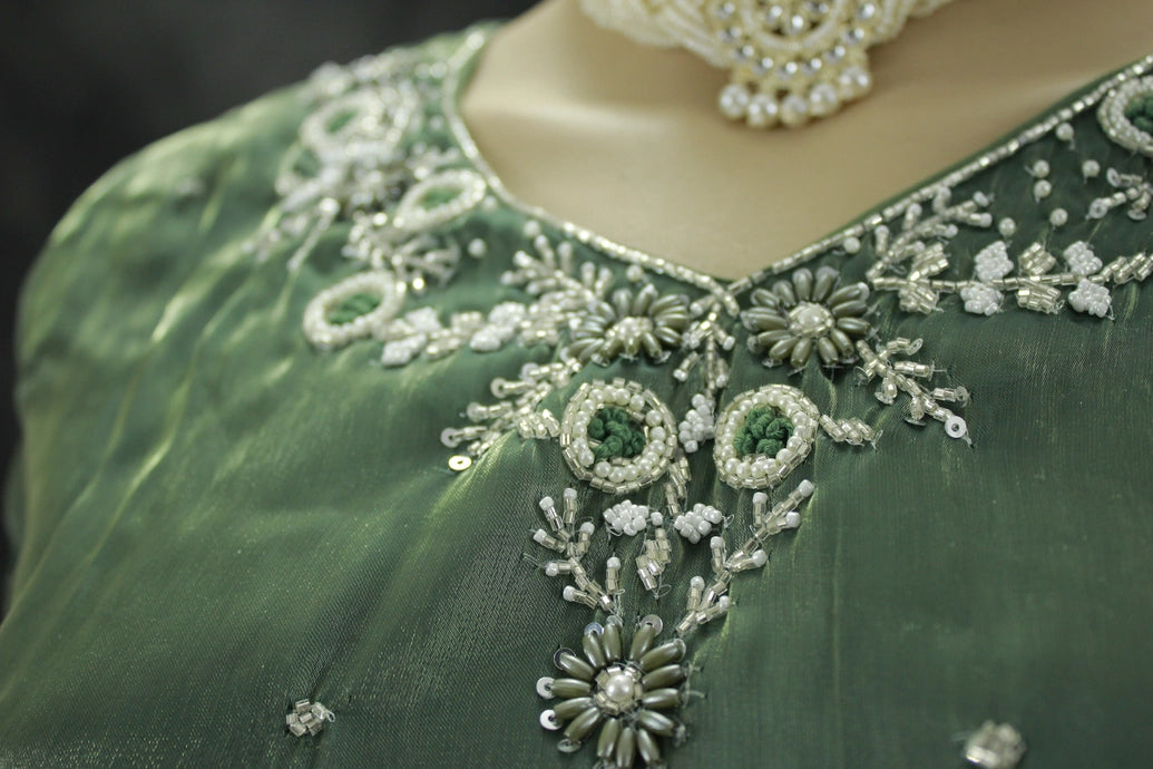 Green Rayon Silk Embroidered 2-Piece Kurti Set with V-Neck and Elastic Pant - Traditional Festive Wear