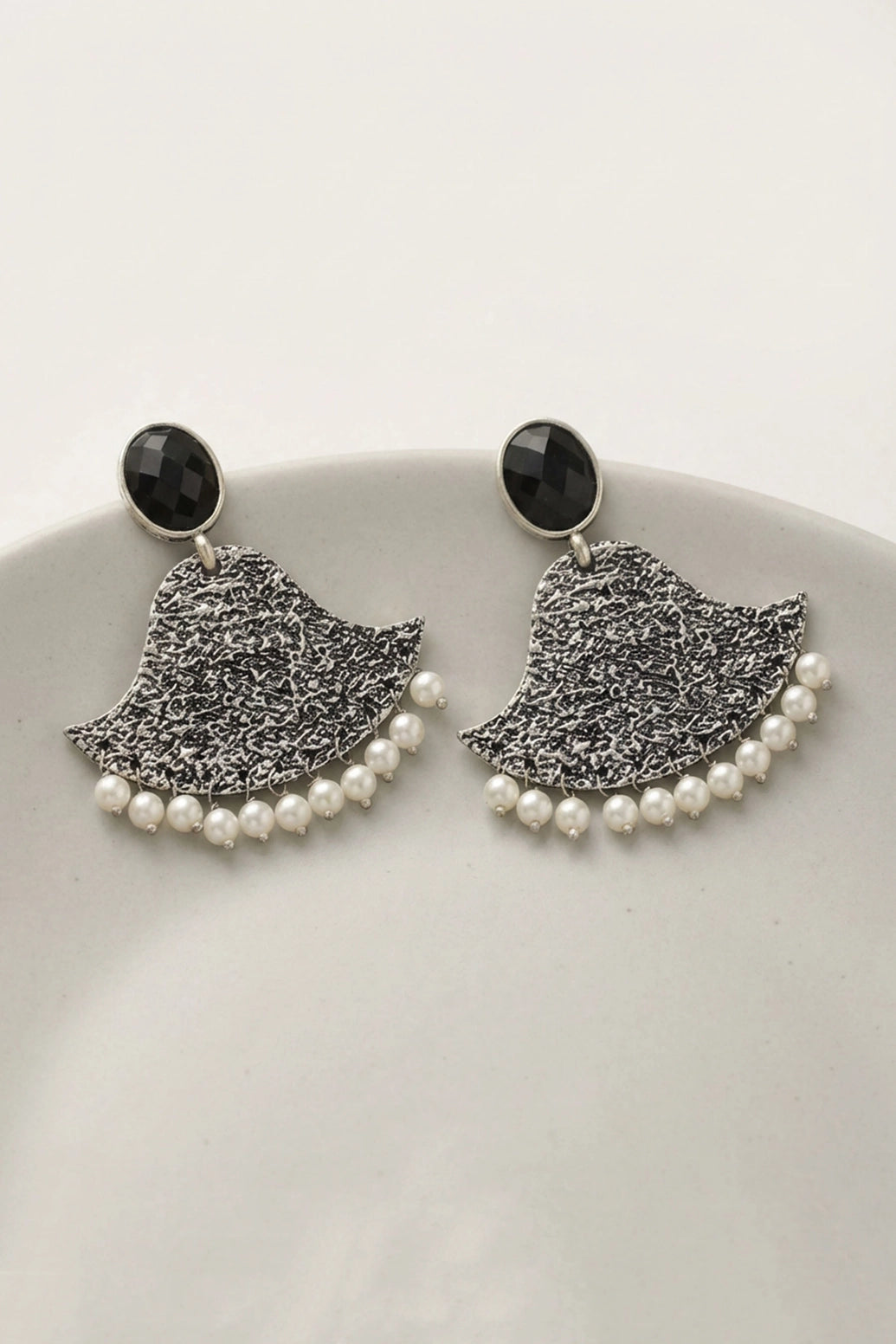 Black Textured Triangle Stone Drop Earrings for Women, Silver-Tone Party Festive Wear Fashion Jewellery