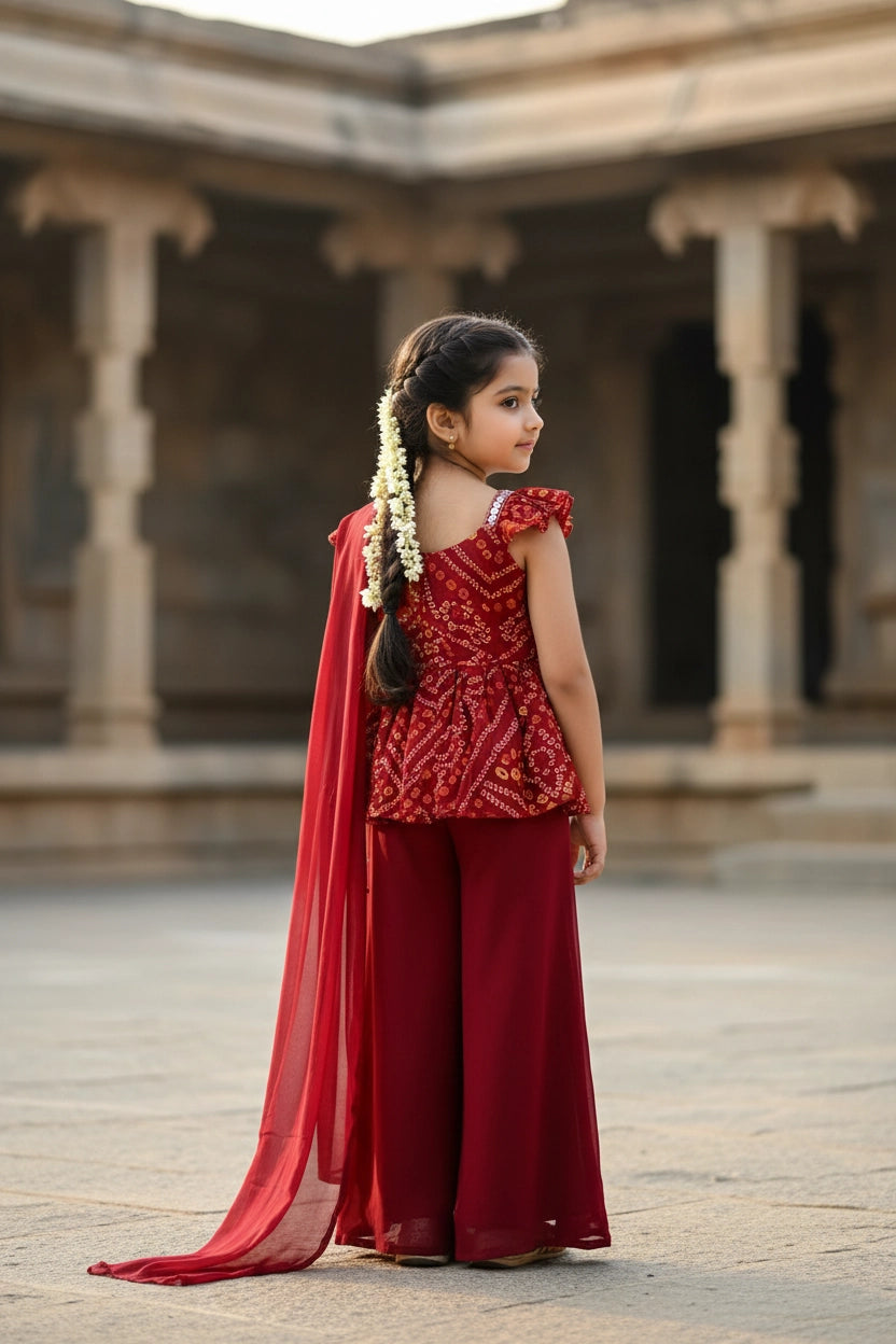 Girls Red Georgette Palazzo 3-Piece Set with Printed Top and Matching Dupatta