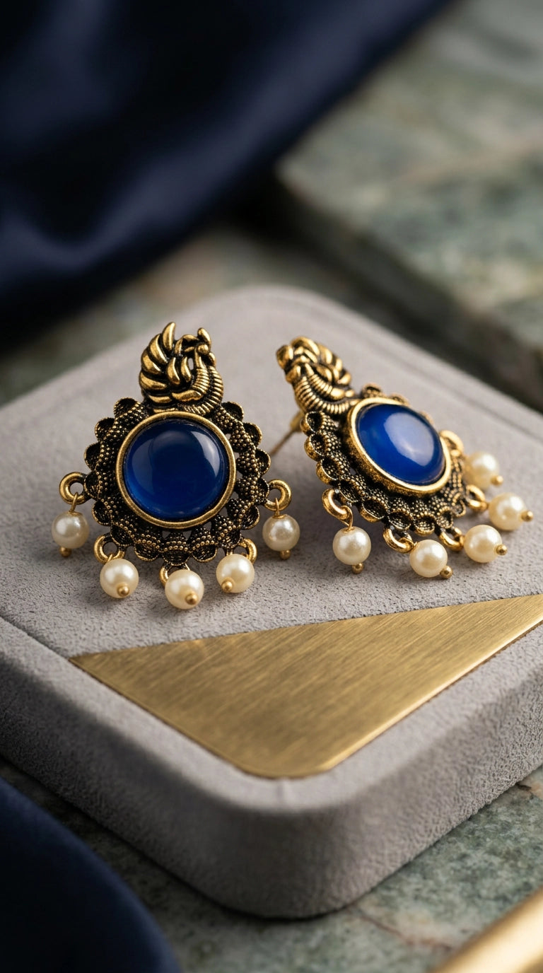 Navy Blue Stone & Pearl Drop Antique Gold-Tone Statement Earrings for Women | 1.5 inch