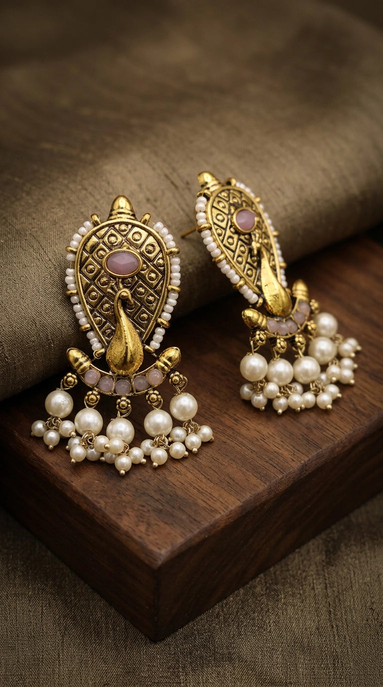 Antique Gold Tone Onion Pink Traditional Statement Earrings with Oval Stone, Bead Work and Pearl Tassel Hangings