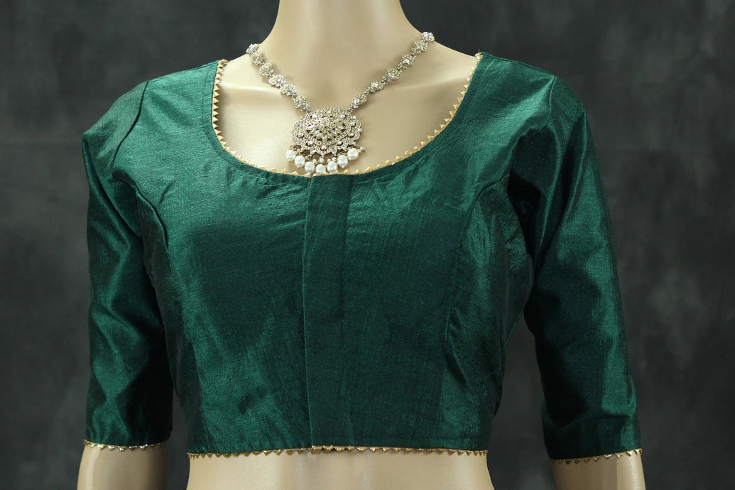 Readymade Designer Green Raw Silk Padded Blouse, Elbow Sleeves, Back Knot, Fully Stitched Blouse JCS Fashions