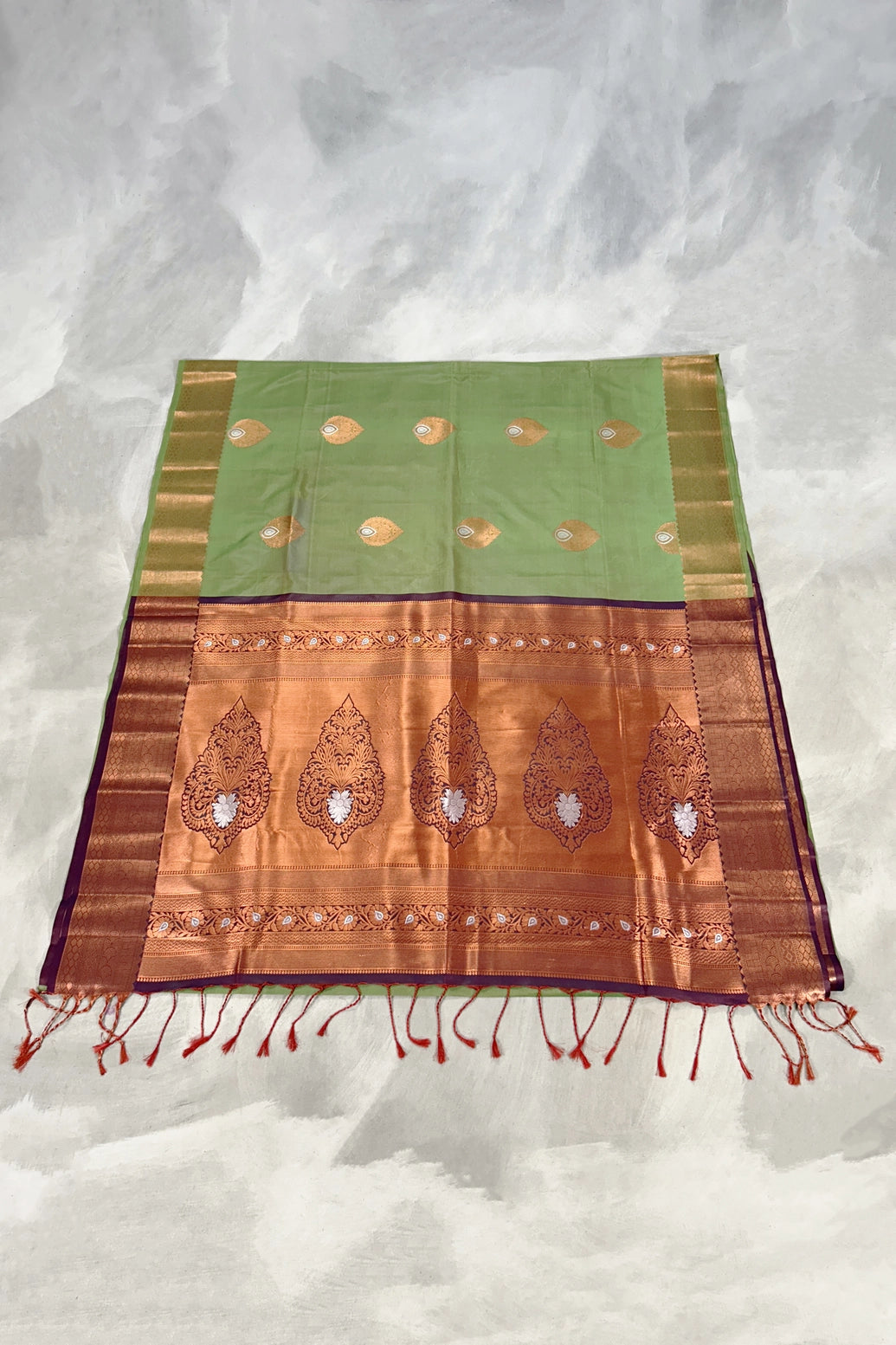 Pista Green Korvai Soft Silk Saree with Gold Zari Buttas and Traditional Floral Border for Women