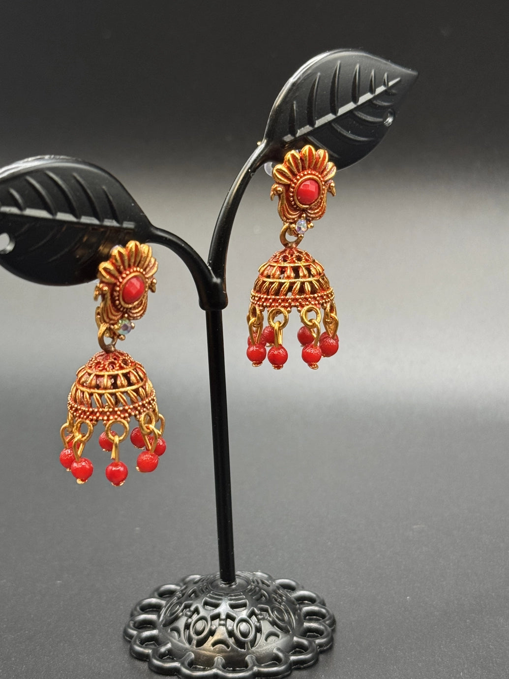 Antique Look Floral Jhumka Earrings - Gold-Tone Traditional Jhumkas in Maroon, Royal Blue, Light Blue, Pink & Green - Pair Jewelry JCS Fashions
