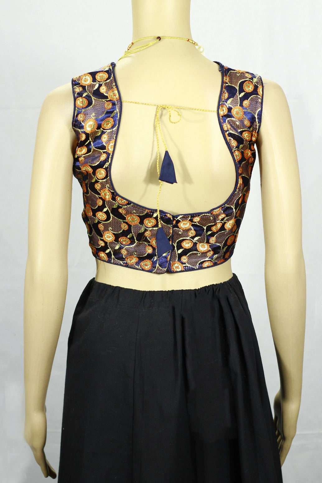 Navy Blue Designer Padded Blouse with Zari Woven Motifs, Sleeveless Back Knot, Ready-to-Wear