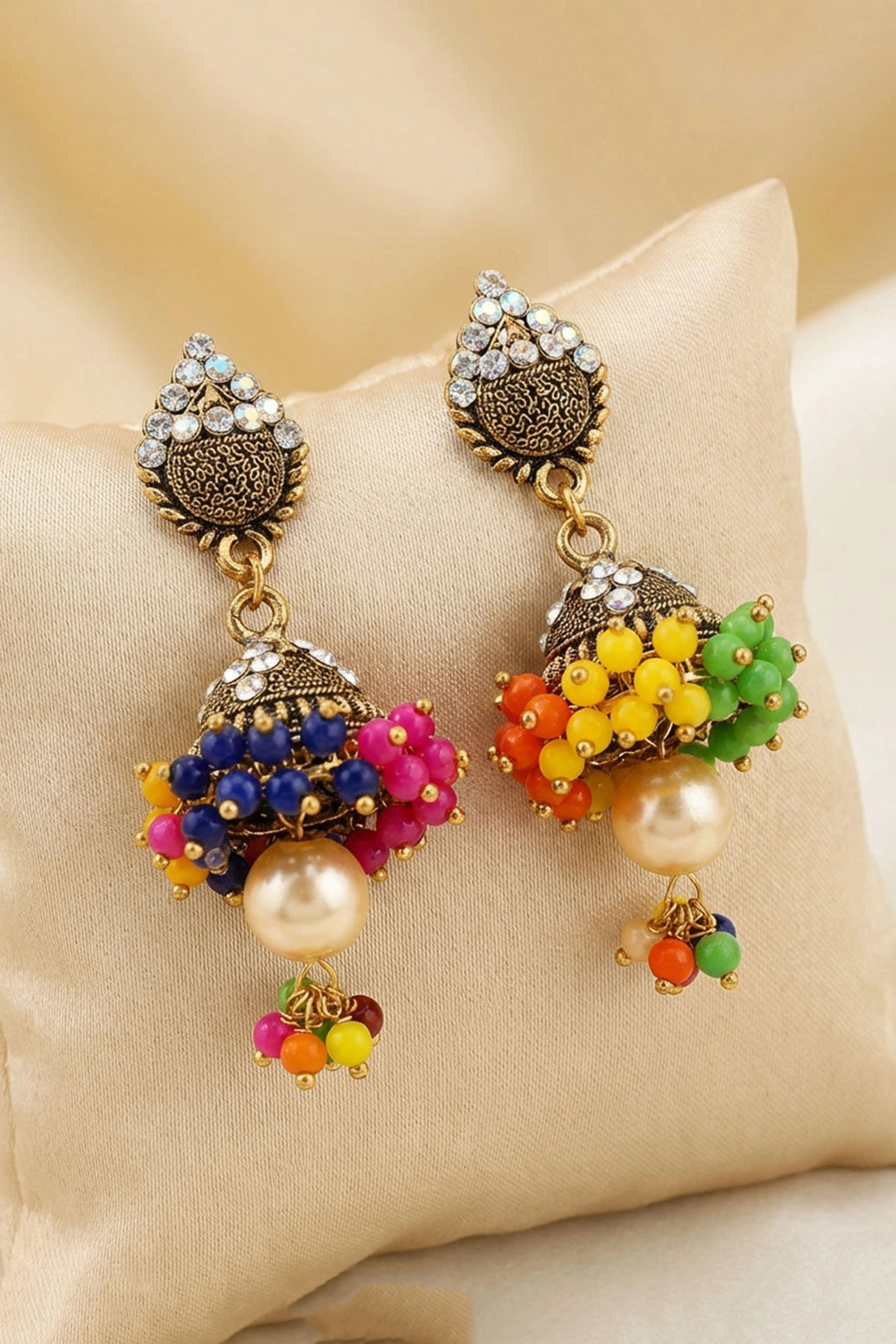 Traditional Multi-Color Jhumka Earrings with Gold-Tone Dome Design and White Stones, Beaded Danglers