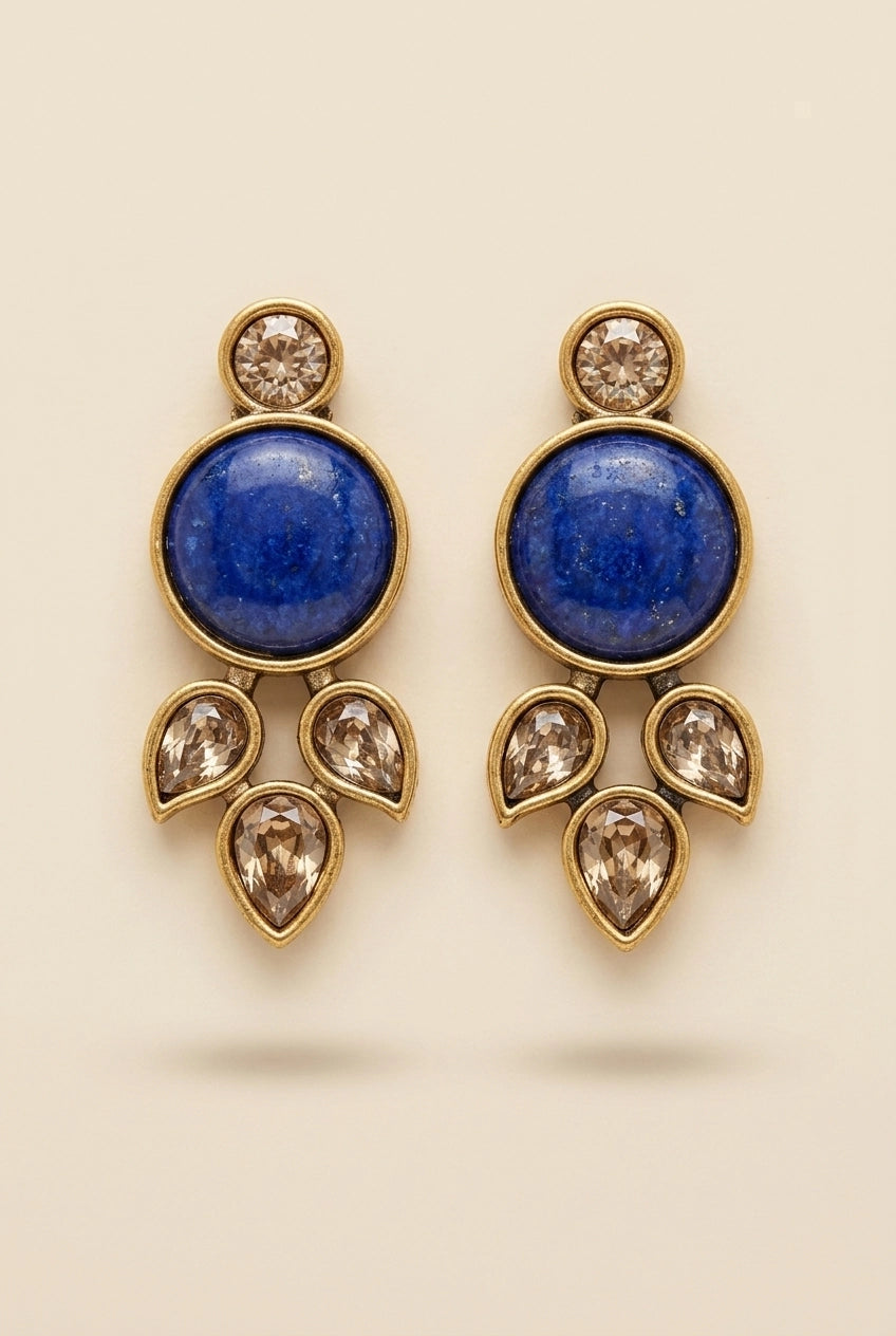 Blue Stone Teardrop Drop Stud Earrings, Gold-Tone Round Center with Crystal Accents for Women