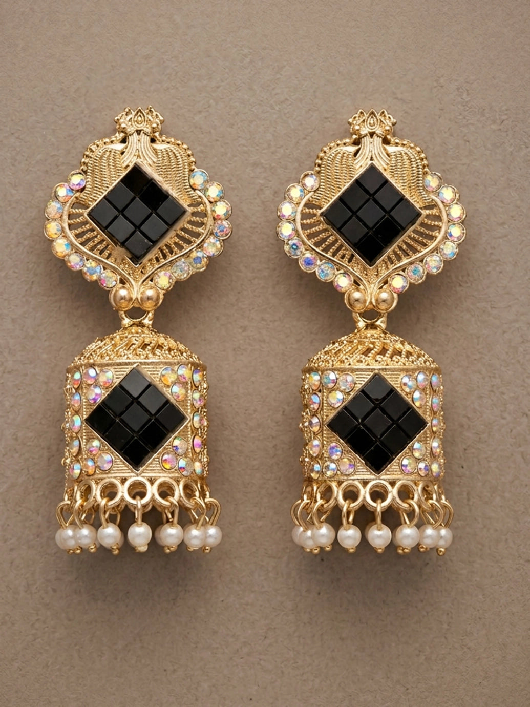 Traditional Gold-Tone Jhumka Earrings with Black Stone Studded Drop and Pearl-Look Dangles for Women