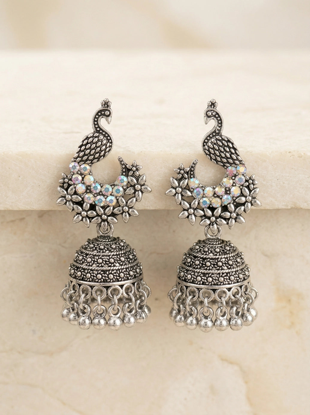 Oxidized Peacock Jhumka Earrings with Floral Stone Work, Black Silver Dangling Beads for Women