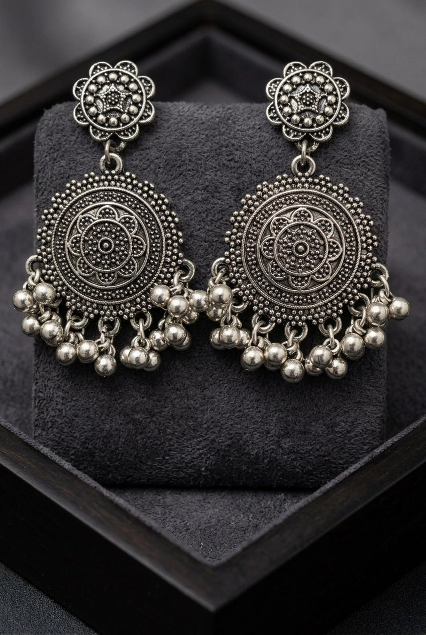 Oxidized Silver Floral Stud Statement Earrings with Beaded Jhumka Dangles for Traditional Wear