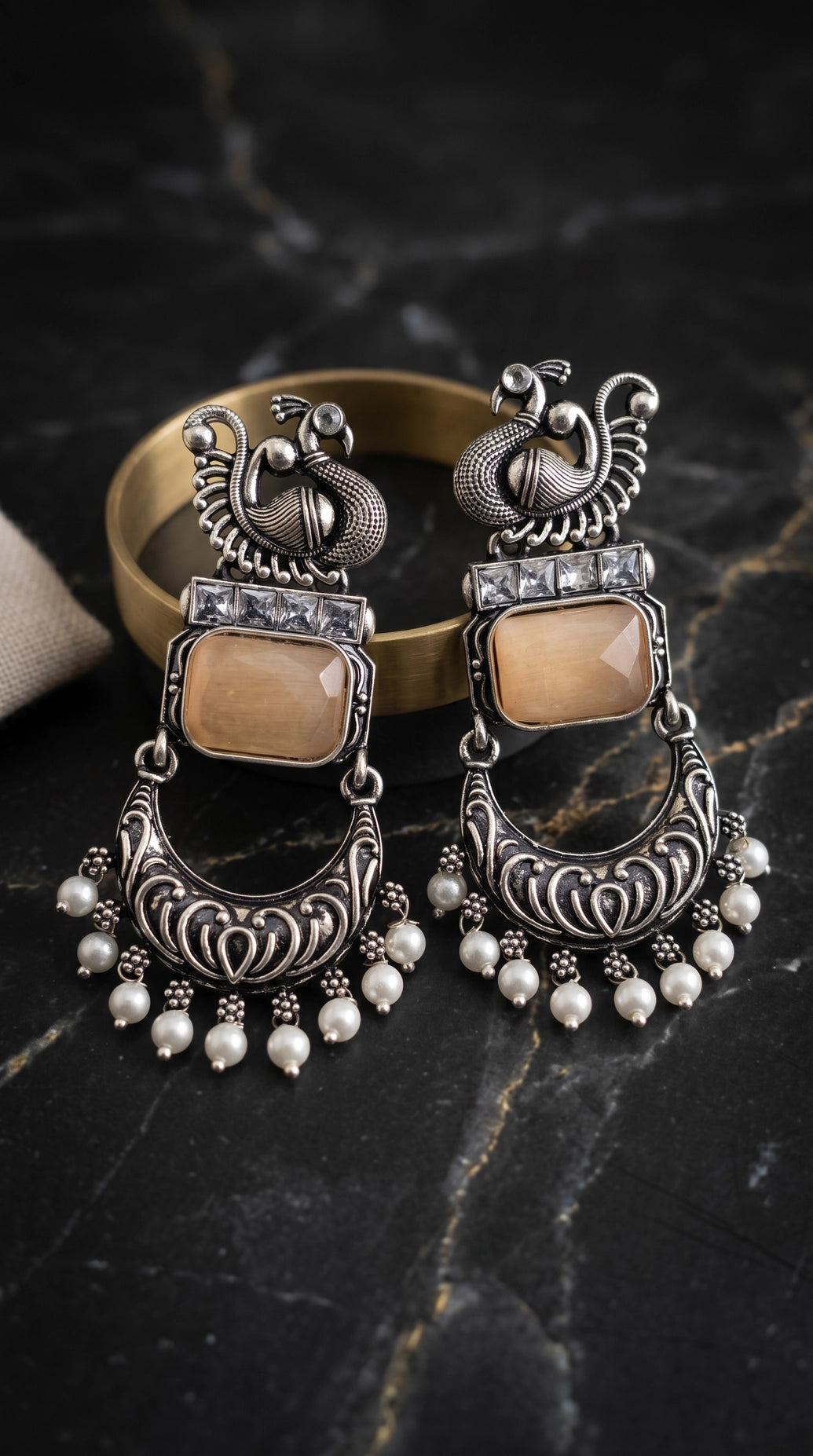 Antique Peacock Motif Square Stone & Crystal Drop Earrings in Cream Tone for Women (Fashion Jewellery)