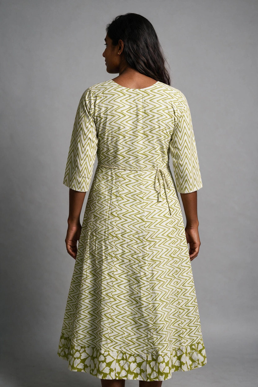 Olive Green Cotton Anarkali Gown with Dori Design, Geometric Floral Print & Golden Piping Detail