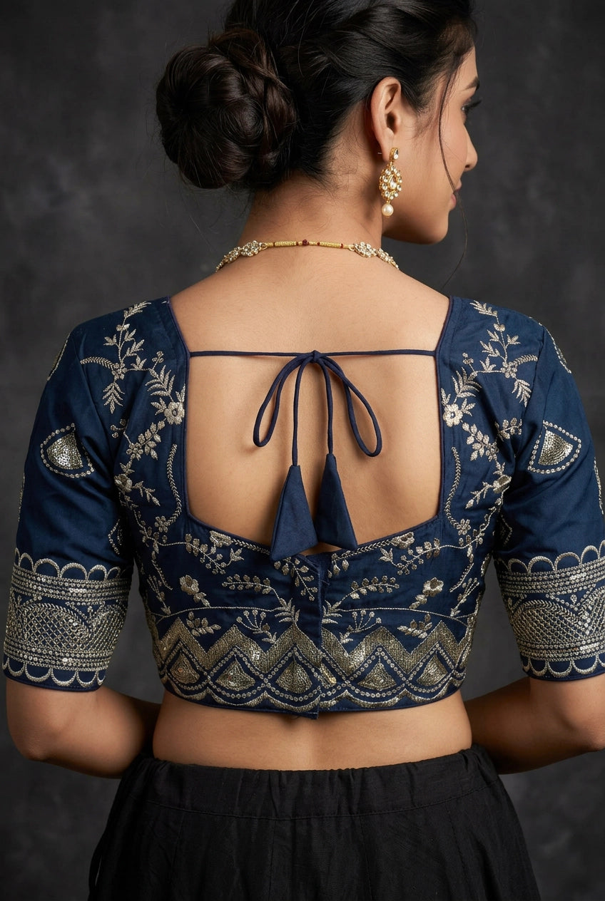Navy Blue Designer Padded Blouse with Embroidery & Sequence Work, Elbow Sleeve, Back Knot, Readymade for Women